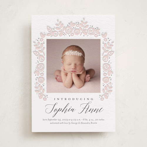 This is a blush letterpress birth announcements with letterpress by Jessica Williams called floral wrap printing on bright white letterpress paper in standard