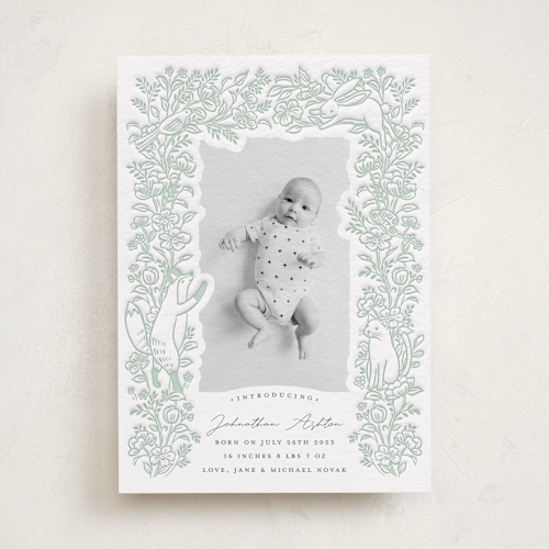 This is a mint letterpress birth announcements with letterpress by Shannon Chen of Four Wet Feet Studio called woodland printing on bright white letterpress paper in standard