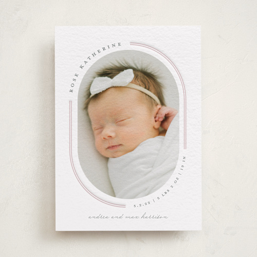 This is a blush letterpress birth announcements with letterpress by Lauren Chism called curvature printing on bright white letterpress paper in standard