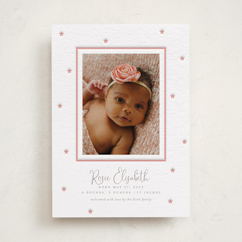 This is a taffy letterpress birth announcements with letterpress by Megan Davis called little stars printing on bright white letterpress paper in standard