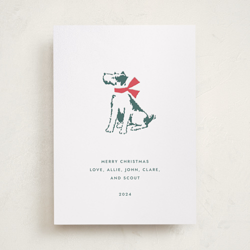 This is a evergreen letterpress holiday cards with letterpress by Megan Davis called present pawfect printing on bright white letterpress paper in standard