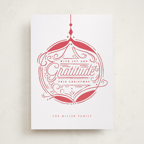 This is a candy cane letterpress holiday cards with letterpress by Bethan called gratitude bauble printing on bright white letterpress paper in standard