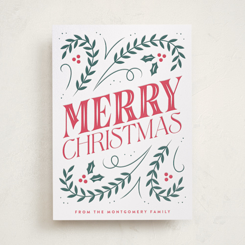 This is a crimson letterpress holiday cards with letterpress by Kacey Kendrick Wagner called christmas nostalgia printing on bright white letterpress paper in standard