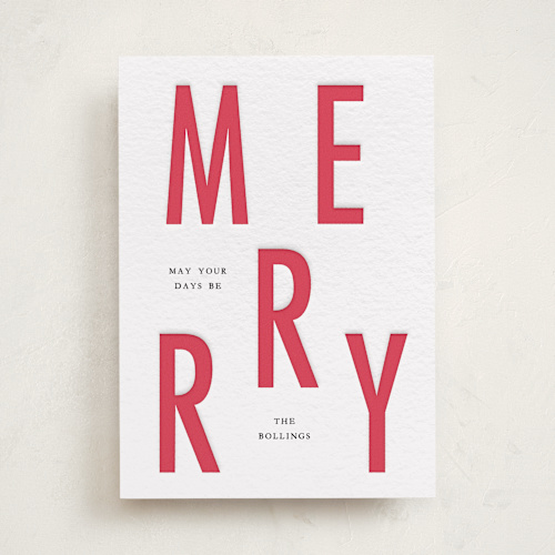 This is a candy cane letterpress holiday cards with letterpress by Baumbirdy called big merry printing on bright white letterpress paper in standard