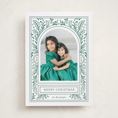 This is a pine needle letterpress holiday cards with letterpress by Mansi Verma called the archway printing on bright white letterpress paper in standard