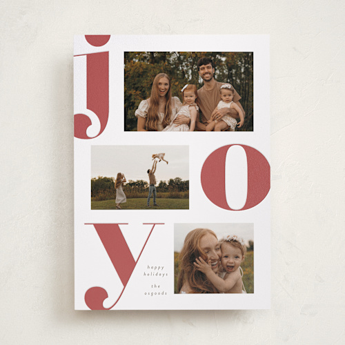 This is a rust letterpress holiday cards with letterpress by Susan Asbill called modern joy printing on bright white letterpress paper in standard