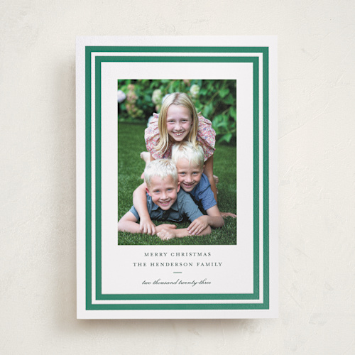 This is a evergreen letterpress holiday cards with letterpress by Megan Davis called roma printing on bright white letterpress paper in standard