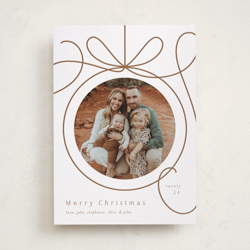 This is a champagne letterpress holiday cards with letterpress by Erin German called ornament frame printing on bright white letterpress paper in standard