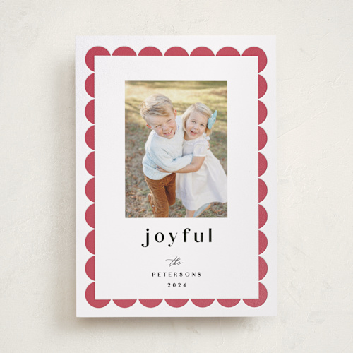 This is a berry letterpress holiday cards with letterpress by Maria Alou called joyful edge printing on bright white letterpress paper in standard