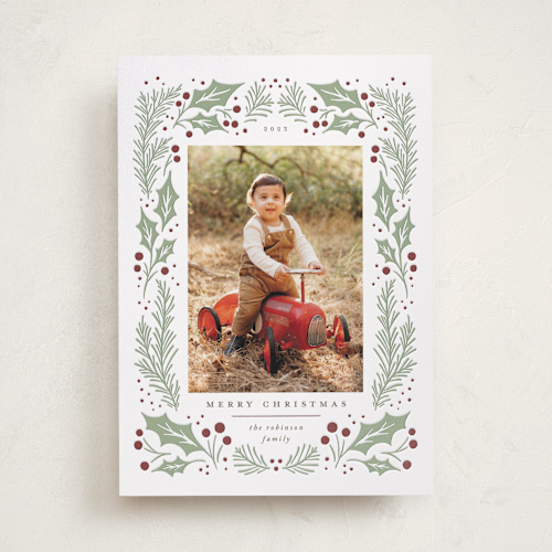 This is a holly berry letterpress holiday cards with letterpress by Wildfield Paper Co called holly berry wreath printing on bright white letterpress paper in standard