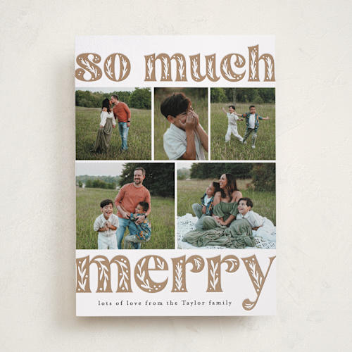 This is a mocha letterpress holiday cards with letterpress by Alethea and Ruth called so much merry printing on bright white letterpress paper in standard