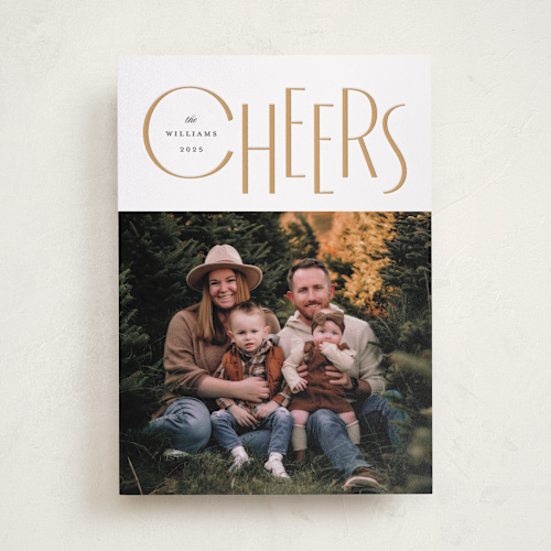 This is a toffee letterpress holiday cards with letterpress by Robert and Stella called bouncing cheers printing on bright white letterpress paper in standard