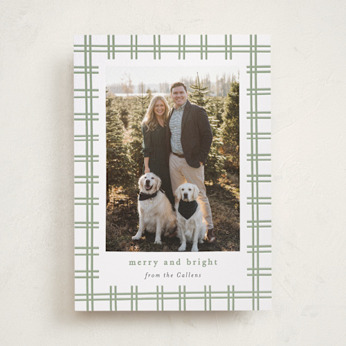 This is a pistachio letterpress holiday cards with letterpress by Sara Hicks Malone called plaid groove printing on bright white letterpress paper in standard