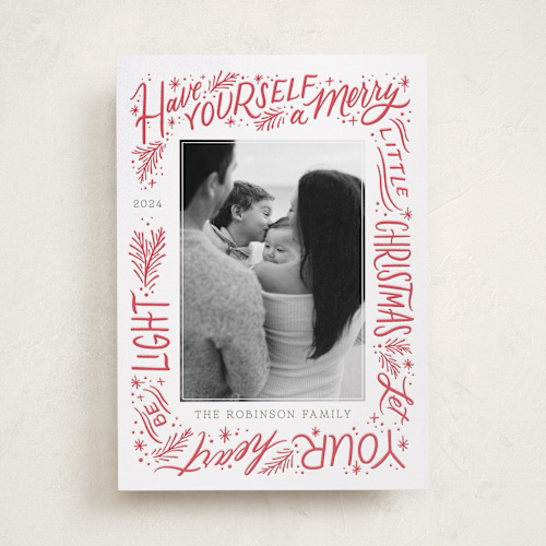 This is a berry letterpress holiday cards with letterpress by Wildfield Paper Co called merry little christmas printing on bright white letterpress paper in standard