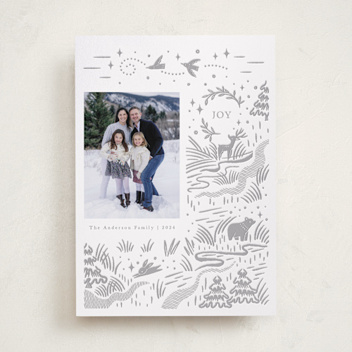 This is a winter letterpress holiday cards with letterpress by Vivian Yiwing called woodland christmas printing on bright white letterpress paper in standard