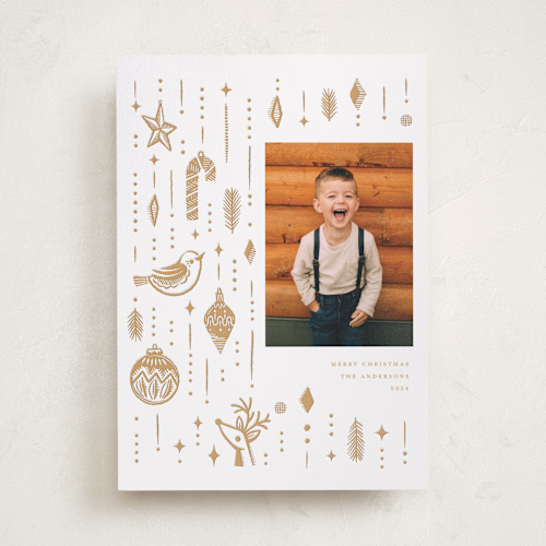 This is a sand letterpress holiday cards with letterpress by Vivian Yiwing called christmas ornaments printing on bright white letterpress paper in standard