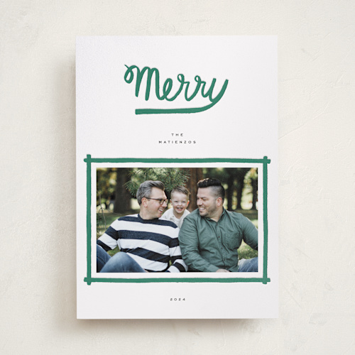 This is a pine letterpress holiday cards with letterpress by Pati Cascino called be merry printing on bright white letterpress paper in standard