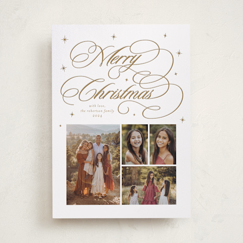 This is a golden letterpress holiday cards with letterpress by Blustery August called starry christmas printing on bright white letterpress paper in standard