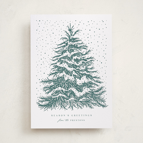 This is a pine letterpress holiday cards with letterpress by Paula Pecevich called o tannenbaum printing on bright white letterpress paper in standard