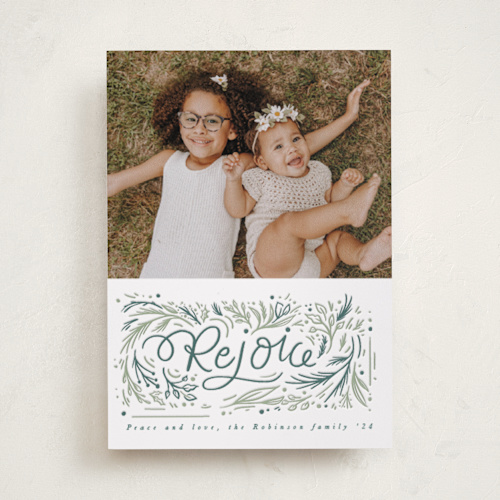 This is a pine letterpress holiday cards with letterpress by Hannah Williams called rejoice lettering printing on bright white letterpress paper in standard