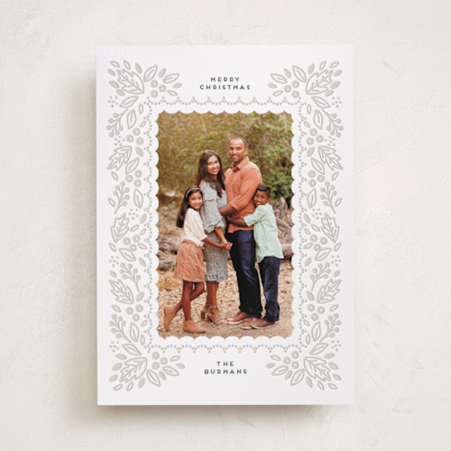 This is a cookie dough letterpress holiday cards with letterpress by Patricia R. Santos called frame of leaves printing on bright white letterpress paper in standard