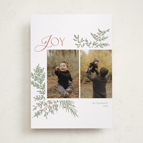 This is a mint letterpress holiday cards with letterpress by Beth Schneider called joyful foliage printing on bright white letterpress paper in standard