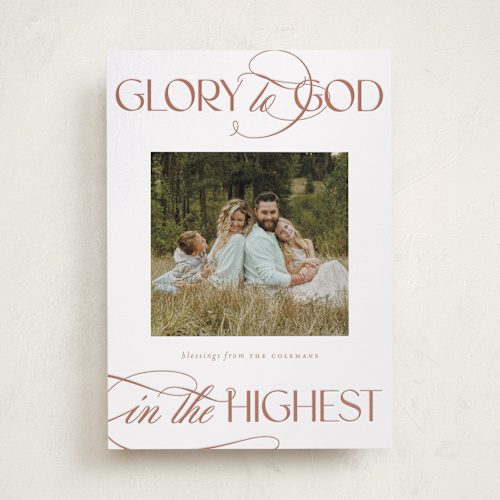 This is a cinnamon letterpress holiday cards with letterpress by Heather Cairl called in the highest printing on bright white letterpress paper in standard