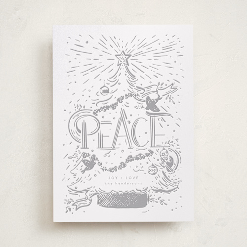 This is a gof letterpress holiday cards with letterpress by Corie Page called peace tree printing on bright white letterpress paper in standard