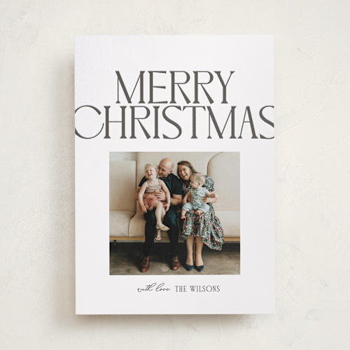 This is a mist letterpress holiday cards with letterpress by Owl and Toad called chic type printing on bright white letterpress paper in standard