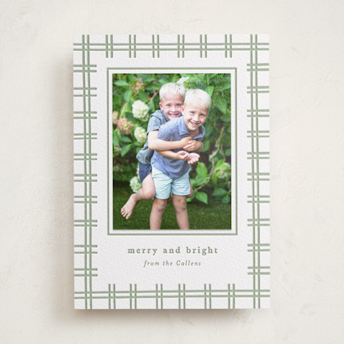 This is a sea green photo mount holiday cards with letterpress by Sara Hicks Malone called plaid groove printing on somerset500 in photo_mount