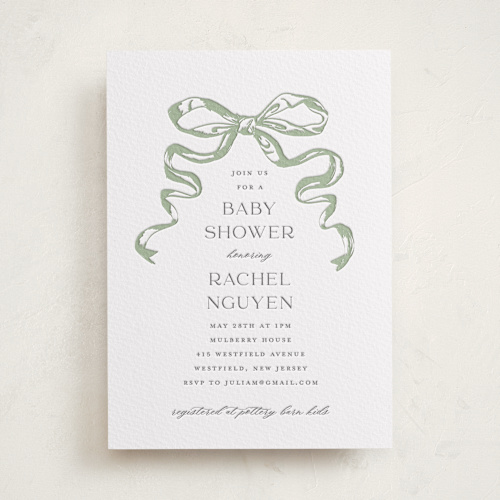 This is a mint baby shower invitations with letterpress by Teju Reval called big bow printing on somerset500 in standard