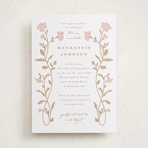 This is a mirror floral baby shower invitations with letterpress by Everett Paper Goods called mirror floral printing on somerset500 in standard