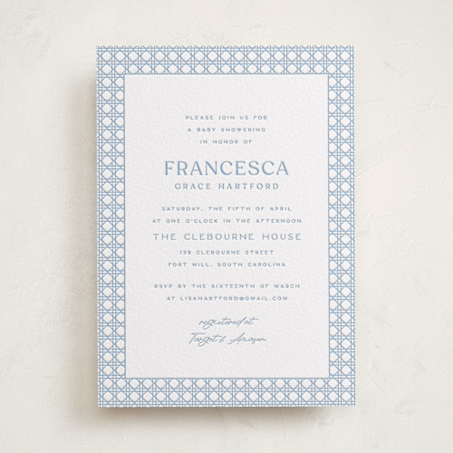 This is a delicate rattan baby shower invitations with letterpress by Ellen Schlegelmilch called delicate rattan printing on somerset500 in standard