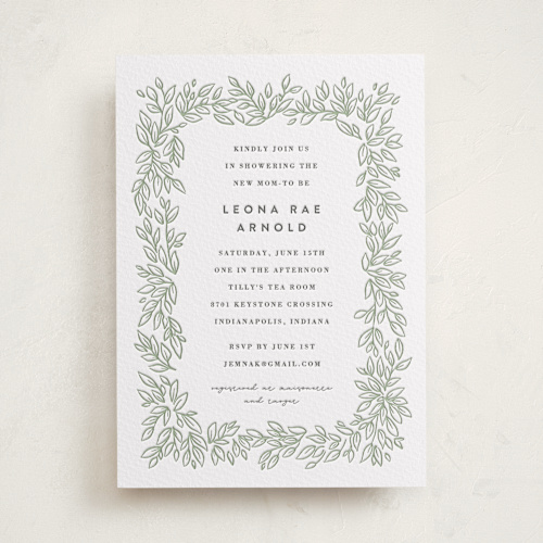 This is a lovely leaves baby shower invitations with letterpress by Jessie Steury called lovely leaves printing on somerset500 in standard