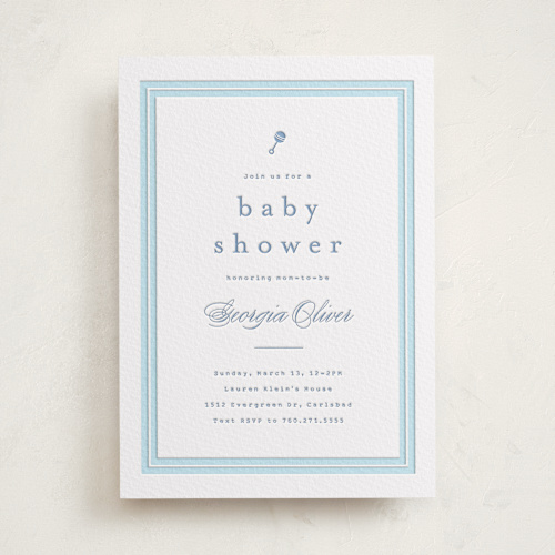 This is a provincial blue baby shower invitations with letterpress by Carolyn MacLaren called classic start printing on somerset500 in standard