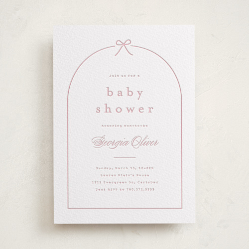 This is a arching bow baby shower invitations with letterpress by Carolyn MacLaren called arching bow printing on somerset500 in standard