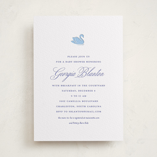 This is a swan shower baby shower invitations with letterpress by Megan Davis called swan shower printing on somerset500 in standard
