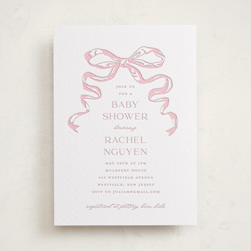 This is a classic pink baby shower invitations with letterpress by Teju Reval called big bow printing on somerset500 in standard