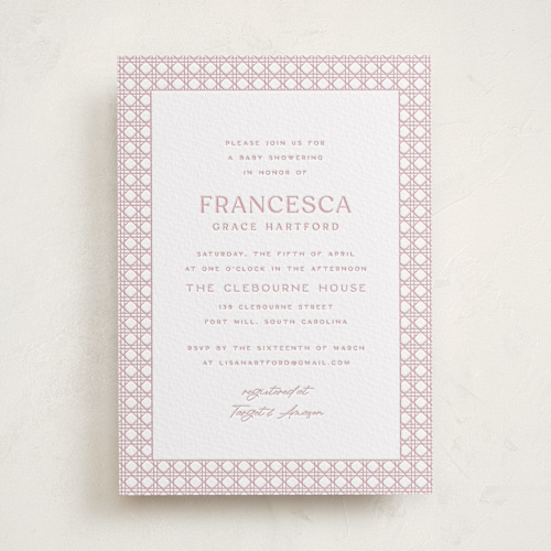 This is a classic pink baby shower invitations with letterpress by Ellen Schlegelmilch called delicate rattan printing on somerset500 in standard