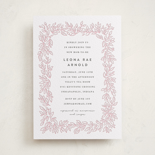 This is a classic pink baby shower invitations with letterpress by Jessie Steury called lovely leaves printing on somerset500 in standard