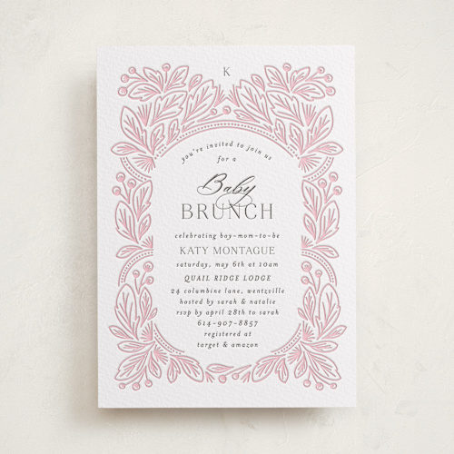 This is a blush baby shower invitations with letterpress by Jen Owens called arch printing on somerset500 in standard