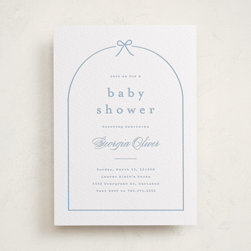 This is a arching bow baby shower invitations with letterpress by Carolyn MacLaren called arching bow printing on somerset500 in standard