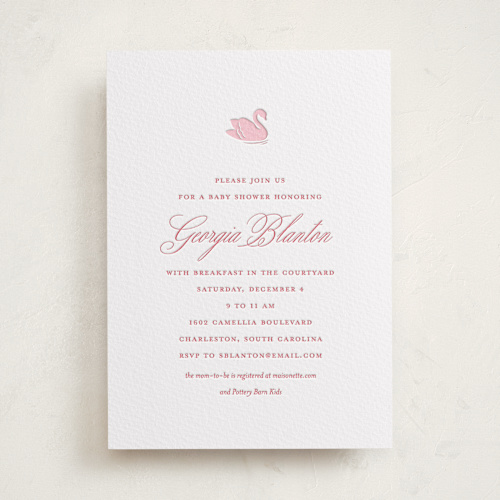 This is a salmon baby shower invitations with letterpress by Megan Davis called swan shower printing on somerset500 in standard