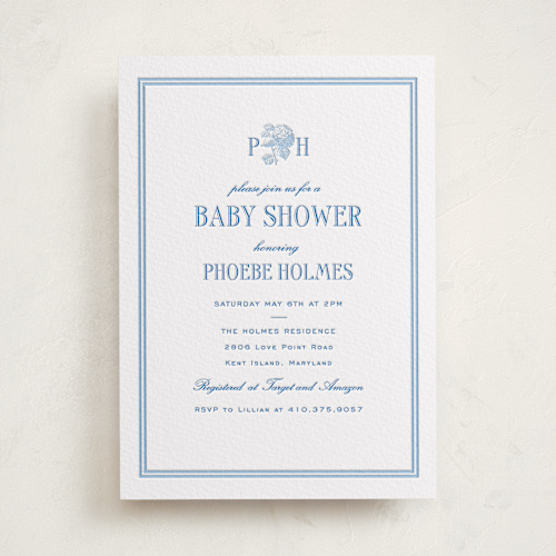 This is a sky blue baby shower invitations with letterpress by Megan Davis called cheseapeake printing on somerset500 in standard