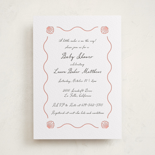 This is a peach baby shower invitations with letterpress by Alston Foster called ocean love printing on somerset500 in standard
