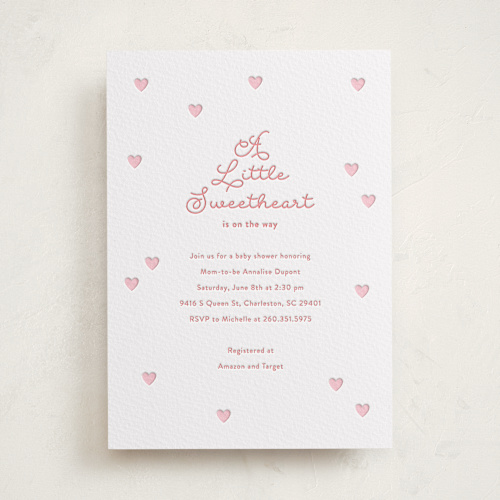 This is a classic pink baby shower invitations with letterpress by Angela Garrick called little sweetheart printing on somerset500 in standard