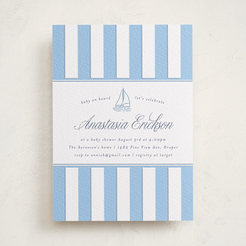 This is a sky blue baby shower invitations with letterpress by Stephanie Hawkes called on board printing on somerset500 in standard
