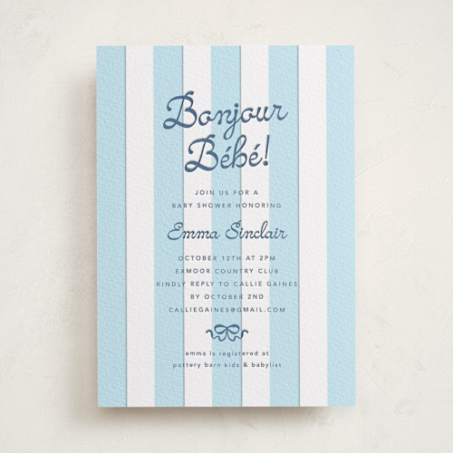 This is a indigo baby shower invitations with letterpress by Olivia Raufman called mariniere printing on somerset500 in standard