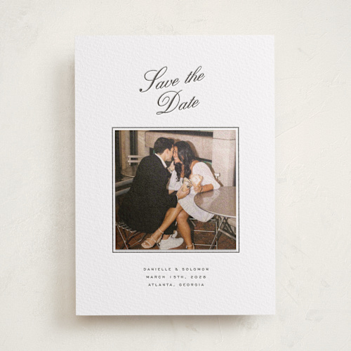This is a soft black letterpress save the date photo mount cards with letterpress by Olivia Kanaley Inman called hayworth printing on somerset500 in photo_mount