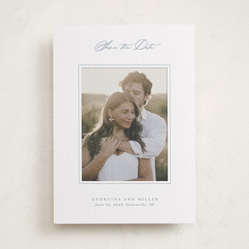 This is a provincial blue letterpress save the date photo mount cards with letterpress by Stacey Meacham called modern air printing on somerset500 in photo_mount